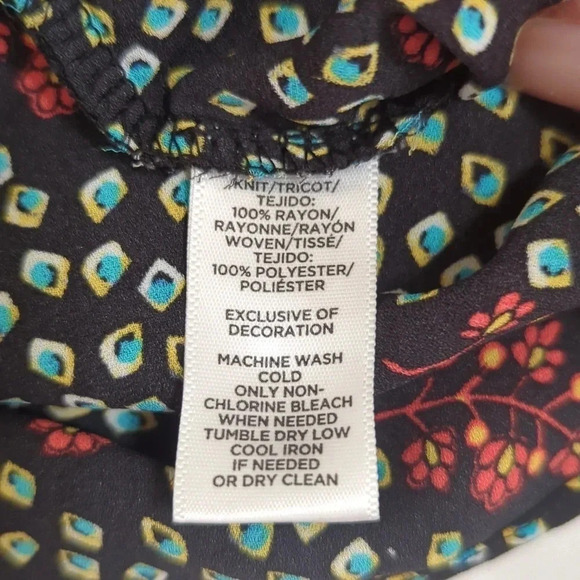 Loft Floral Lace Trim Smocked Cuff Blouse, Color Black/Turquoise/Red Size SP - Picture 15 of 15